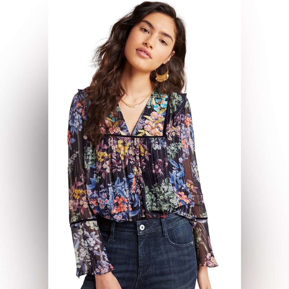Anthropologie Vineet Bahl Vivienne Embroidered Top‎ Womens Floral Boho Size S